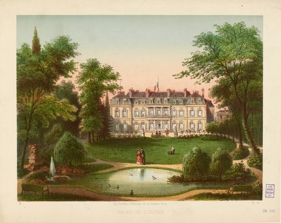 Estampe représentant le Palais de l’Élysée depuis le parc
