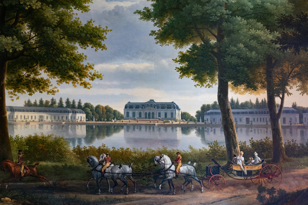 Vue du château de Benrath par Alexandre Dunouy, figures par Carle Vernet, dans le salon Murat