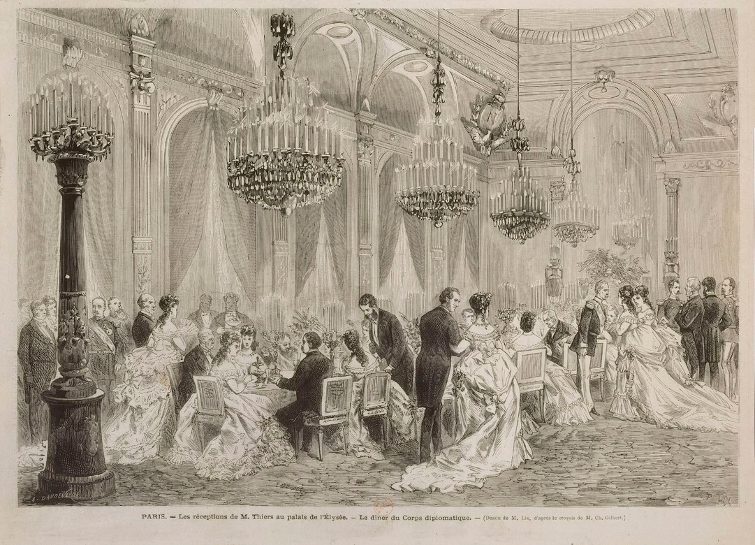 Gravure de Lix d’après Gilbert représentant une réception de Thiers au Palais de l’Élysée en 1872