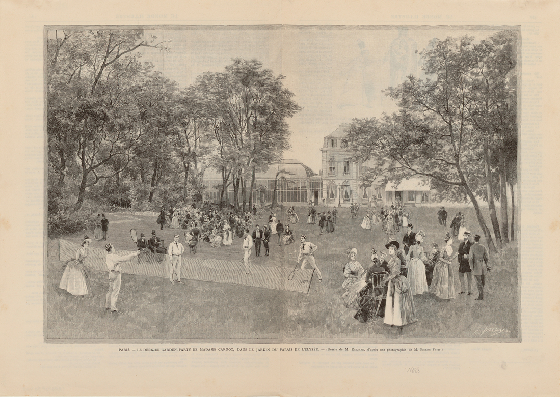 Estampe d'Henri-Auguste Dochy représentant la dernière garden party de Madame Carnot dans le jardin du palais de l’Élysée vers 1890