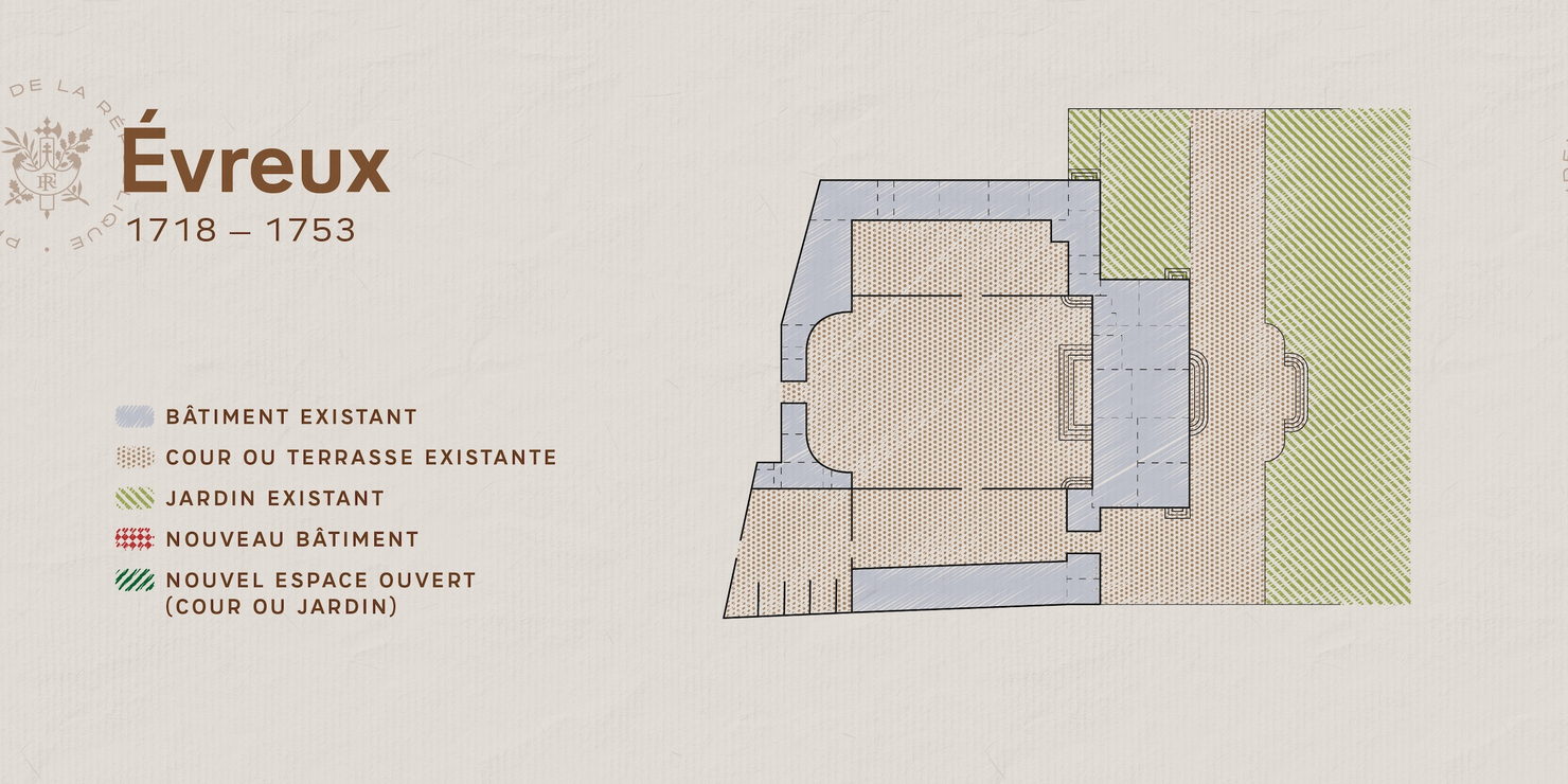Plan du palais de l'Elysée entre 1718 et 1753. Description détaillée disponible ci-après.
