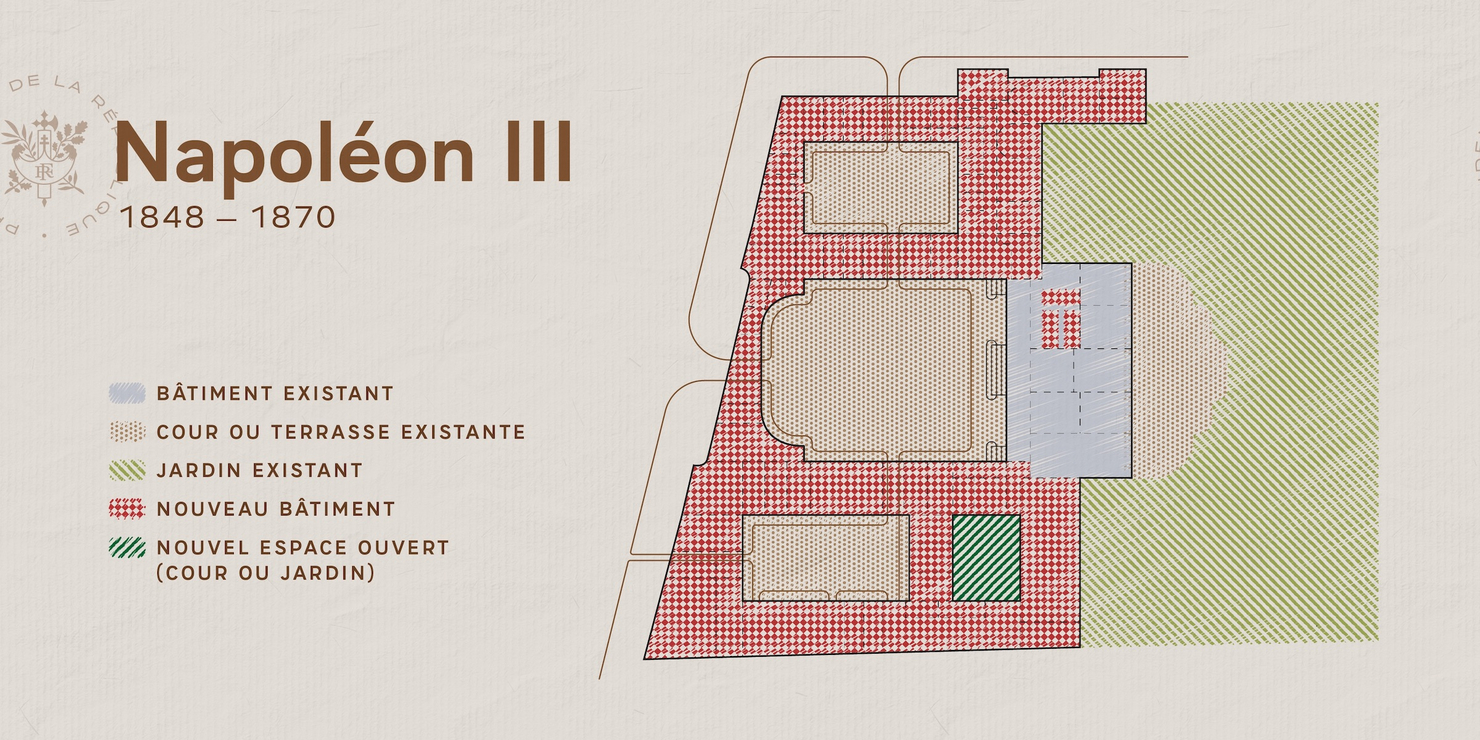 Plan du palais de l'Elysée entre 1848 et 1870. Description détaillée disponible ci-après.