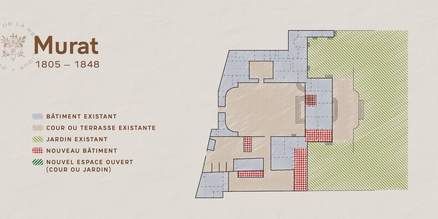 Plan du palais de l'Elysée entre 1805 et 1848. Description détaillée disponible ci-après.