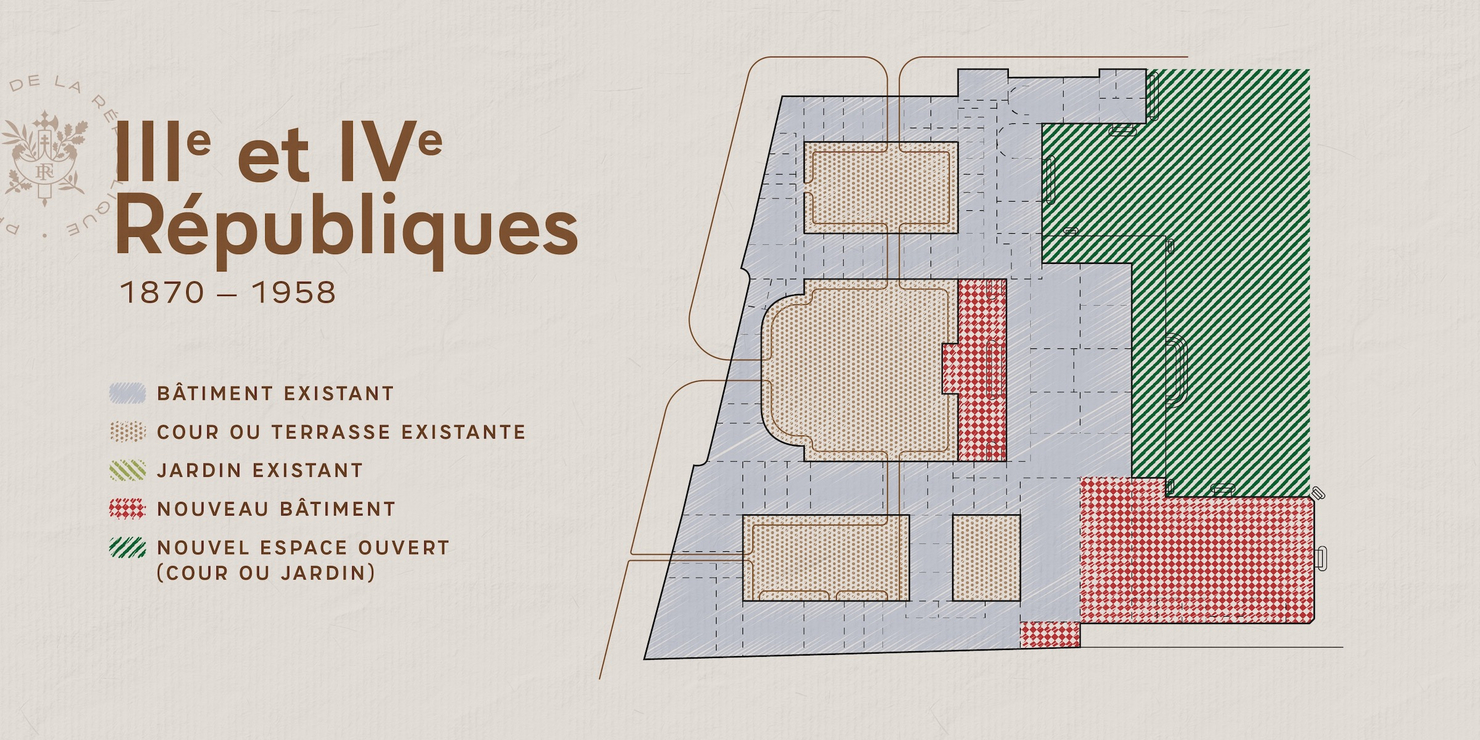 Plan du palais de l'Elysée entre 1870 et 1958. Description détaillée disponible ci-après.