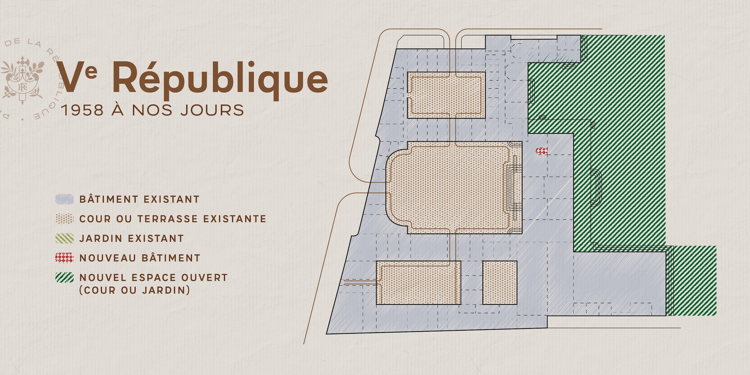Plan du palais de l'Elysée de 1958 à nos jours. Description détaillée disponible ci-après.