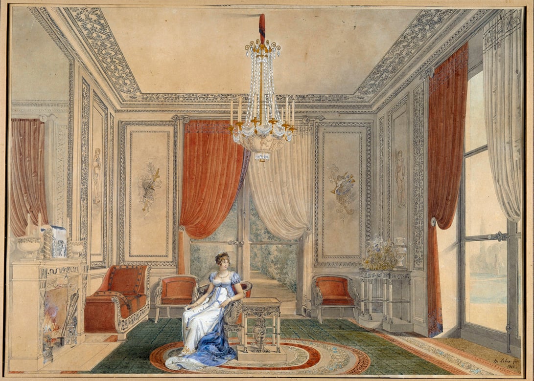 Caroline Murat, reine de Naples, dans le boudoir du palais de l’Elysée, par Hipplyte Le Bas, aquarelle, 1810