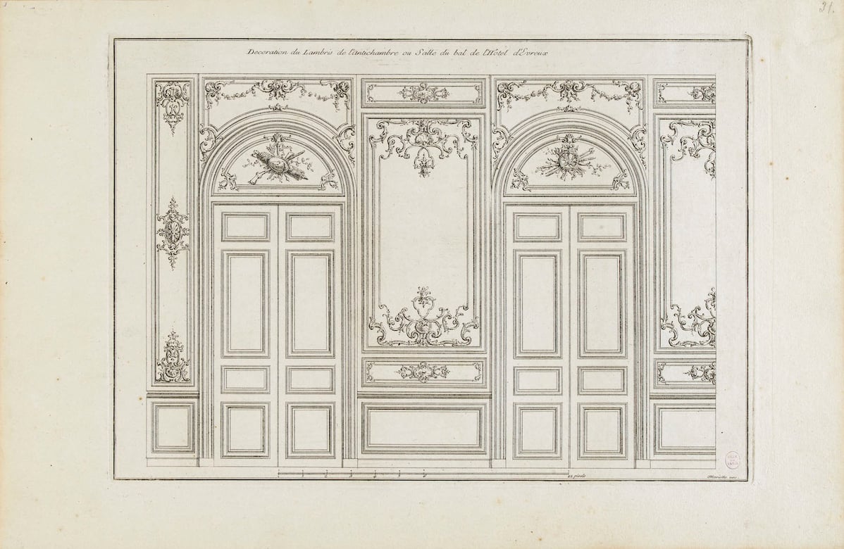 Décoration du lambris de l'antichambre ou salle du bal de l'Hôtel d'Évreux.