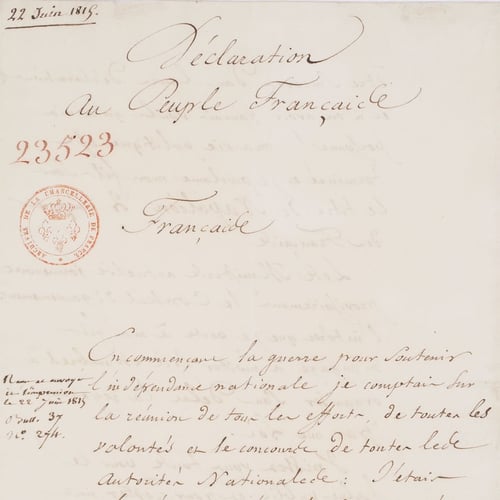 Seconde abdication de Napoléon, 1815. Description détaillée disponible dans la diapositive précédente